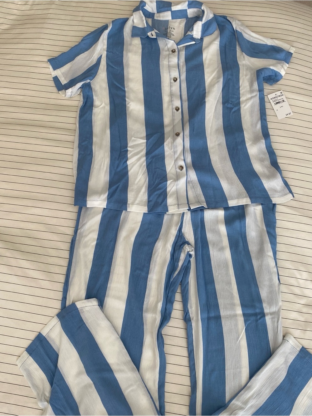 Light Blue & White Striped Women's Swim Coverup Set / Pajamas